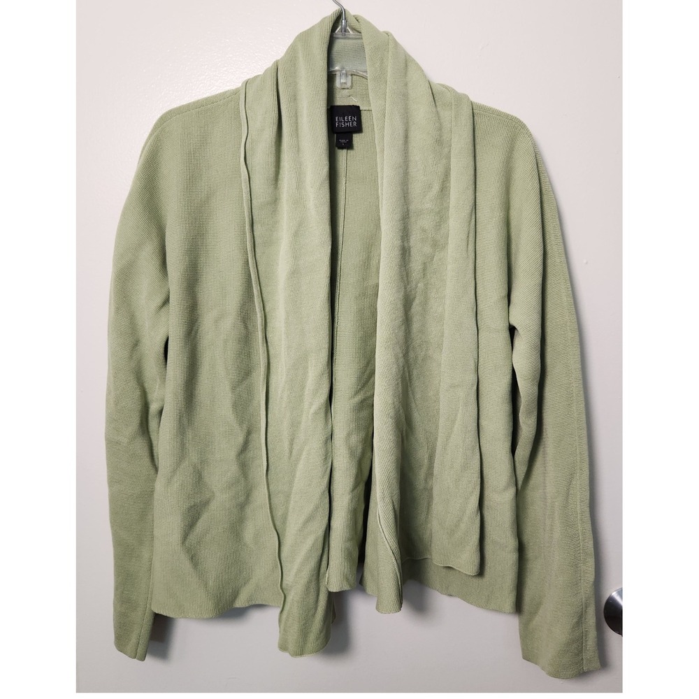 Eileen Fisher‎ Green Silk Cotton Open Cardigan Cropped Long Sleeve Large